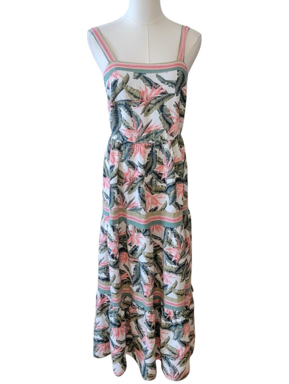 LOFT Pink & Green Tropical Floral Linen Blend Maxi Dress Size 2 - Picture 4 of 8